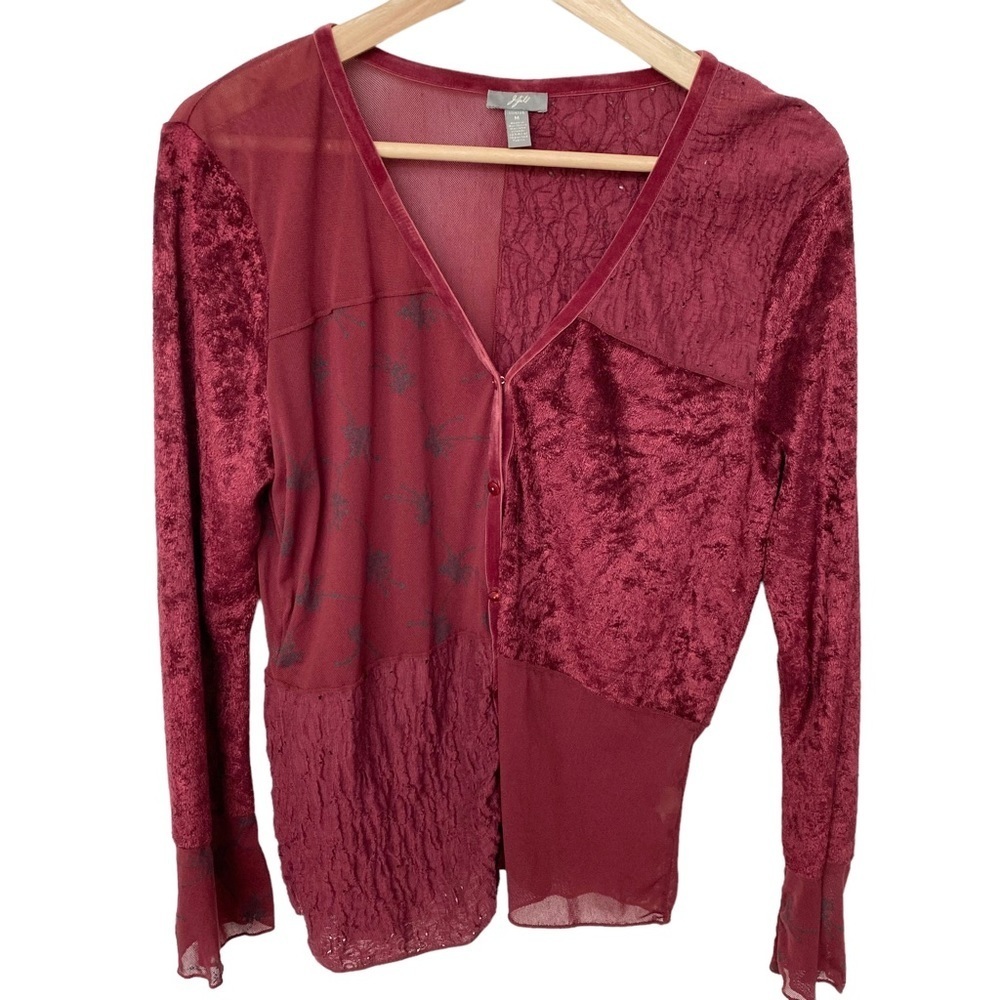 J Jill deep red velvet accents partially sheer button down Top
